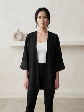 Forever 21 Contemporary Kimono Cardigan Open Front Satin Trim Black Size M